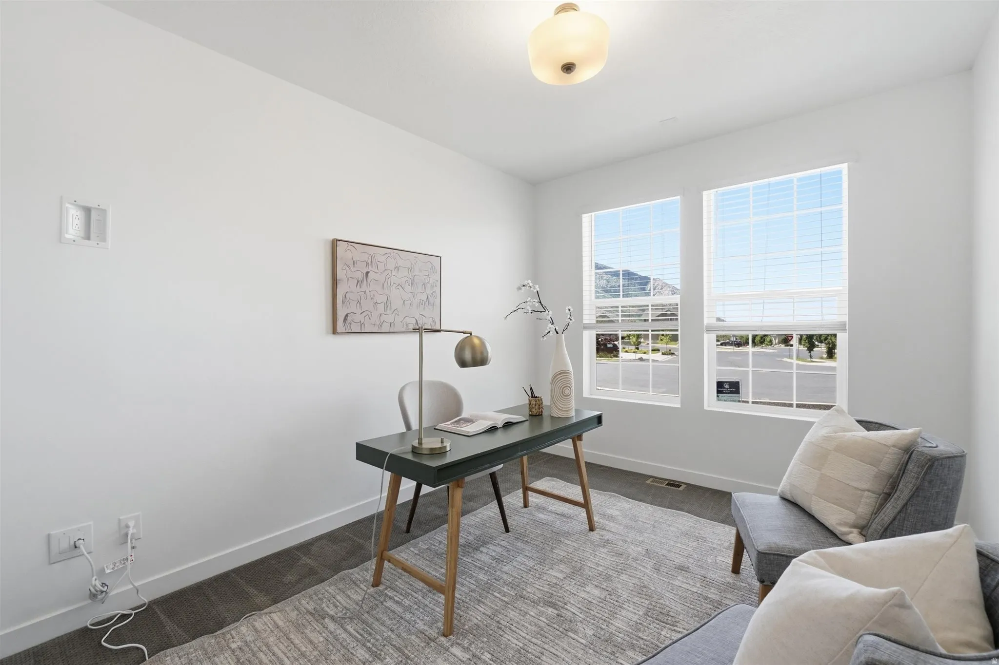 Bright room featuring two large windows, white walls, dark gray carpet flooring, and a flush mount ceiling light fixture