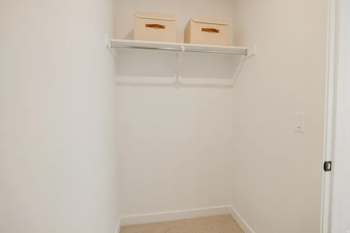 Walk-in closet featuring a white shelf and hanging rod, light-colored carpeting, and white baseboards