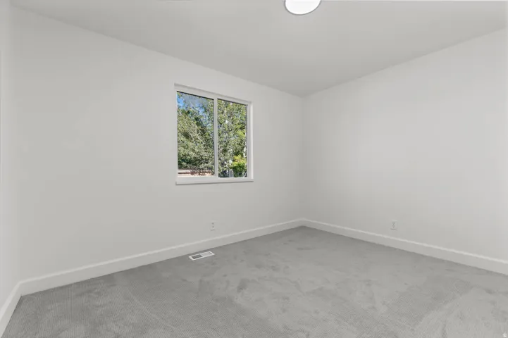 Carpeted room with a white window frame, white walls, white baseboards, and a flush-mount ceiling light