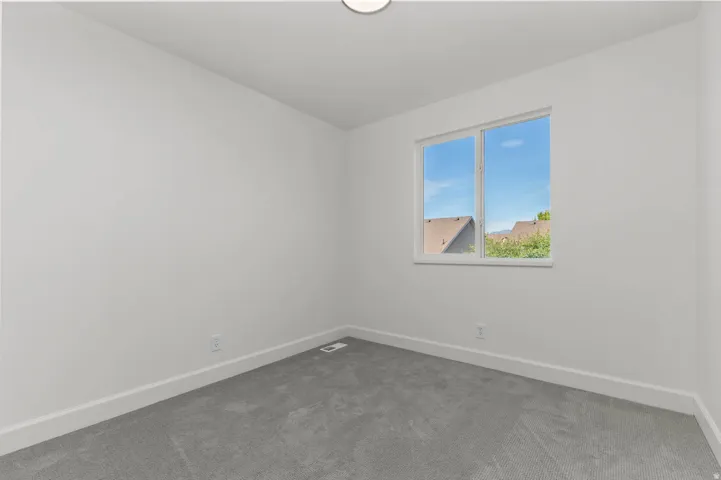 Bright interior space featuring a double-pane window, neutral gray carpet, white baseboards, and a ceiling-mounted light fixture