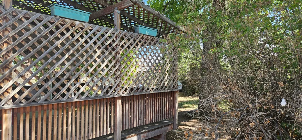 Wood lattice patio structure featuring a built-in bench, slatted wood paneling, and an overhead trellis
