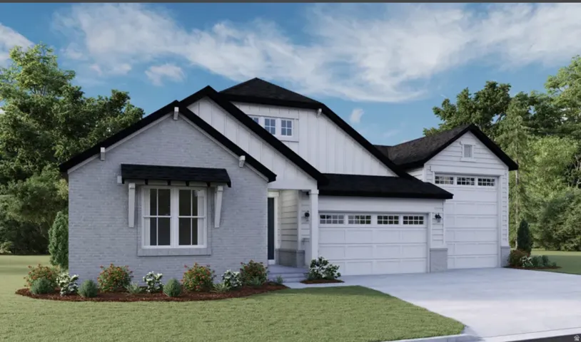 Modern farmhouse exterior featuring light gray brick, vertical white siding, black asphalt shingle roofing, and a two-car garage with paneling and window inserts