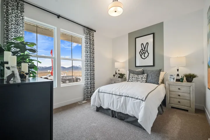 Carpeted room featuring a double window, overhead light fixture, and a single accent wall