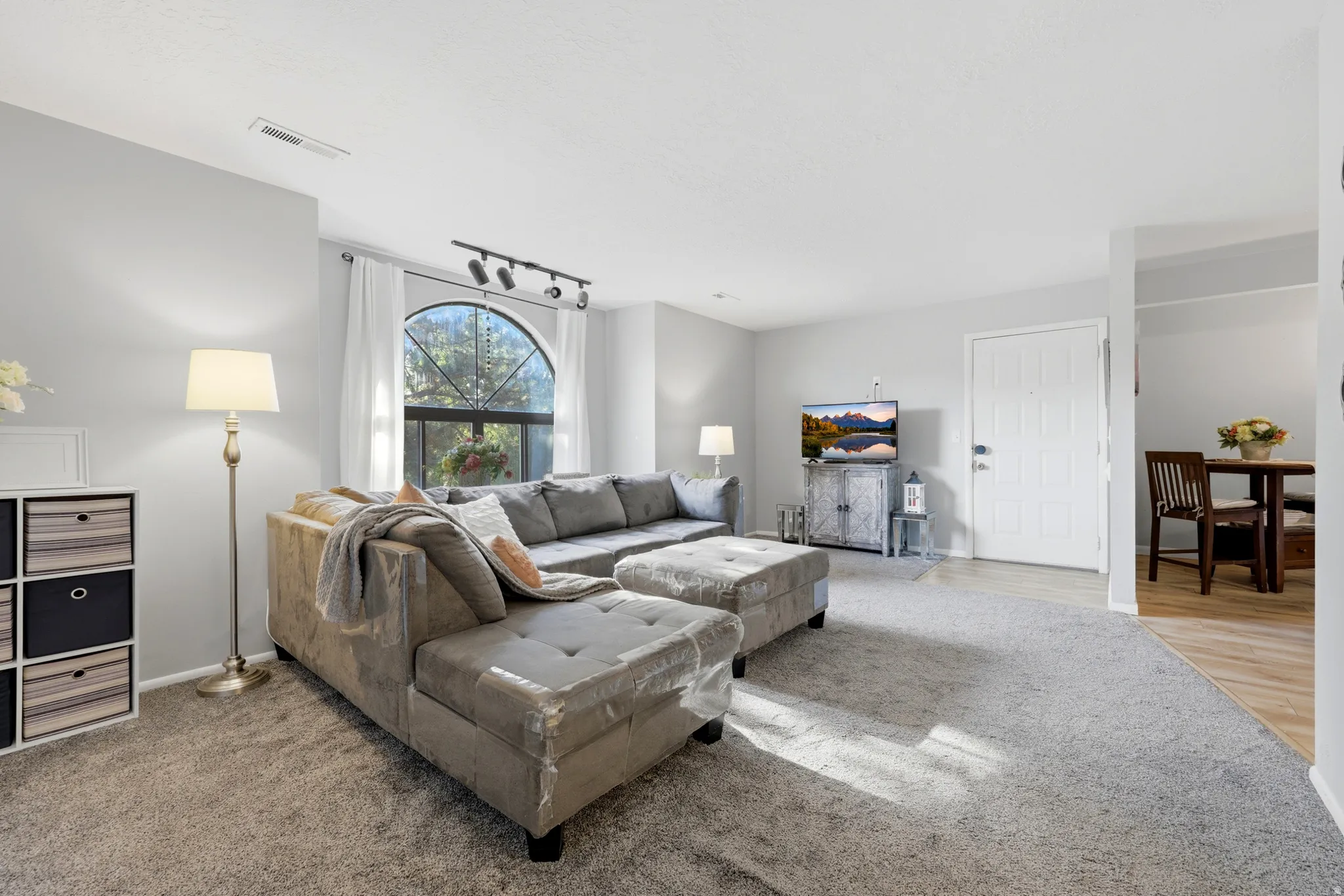 Spacious living area featuring carpet flooring and light gray walls