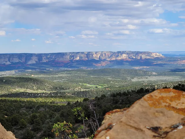 Expansive natural landscape featuring a distant mesa formation, rolling hills, and abundant evergreen foliage