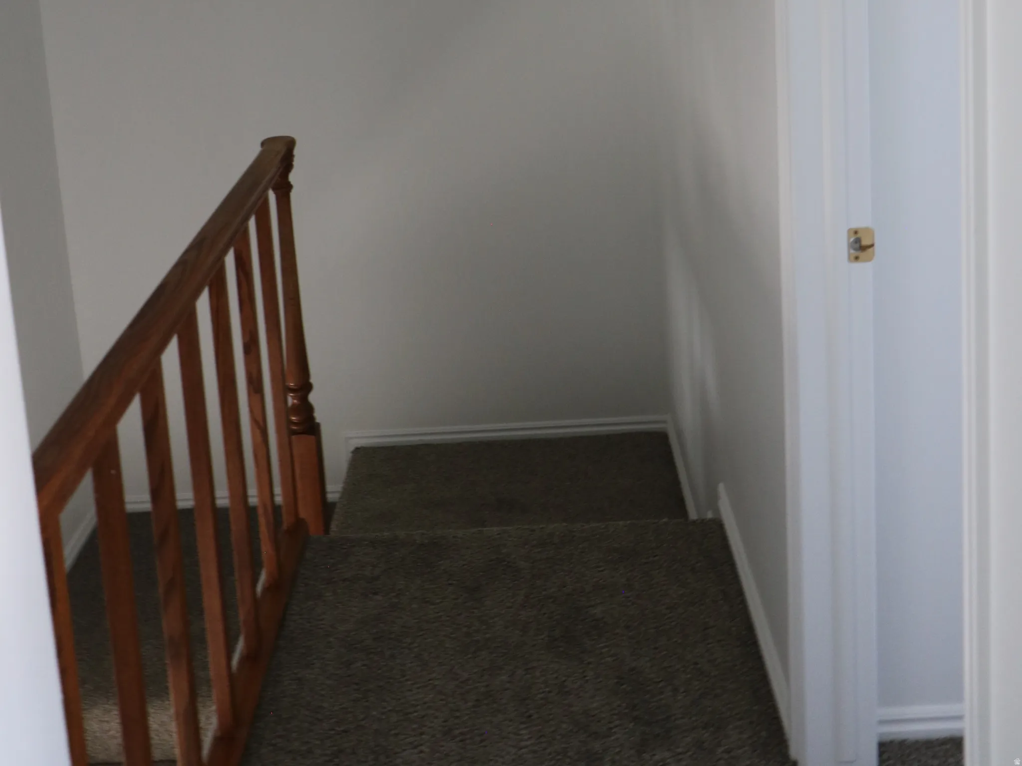 Carpeted staircase featuring a wood handrail with turned balusters