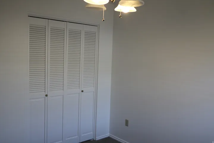 Wall-to-wall louvered bi-fold closet doors with brass-finish hardware, light neutral wall paint, and a ceiling-mounted light fixture with frosted glass shades