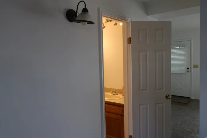 Interior doorway with a six-panel door and brass hardware, opening to a bathroom with a wood-finish vanity, white basin sink, and track lighting