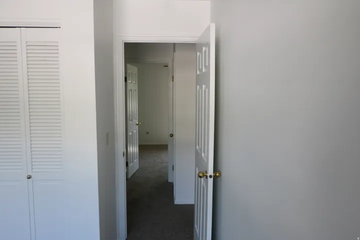 Hallway featuring a paneled interior door with brass hardware, neutral wall paint, and carpet flooring