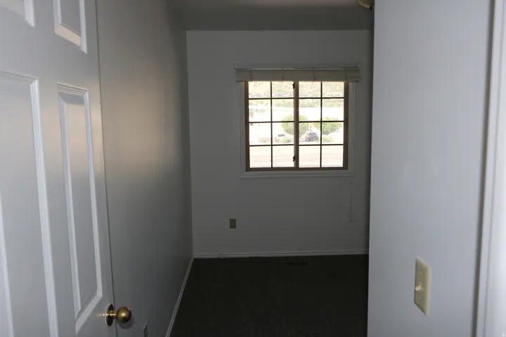Room featuring a grid-paned window with horizontal blinds, light gray wall paint, and dark carpeting