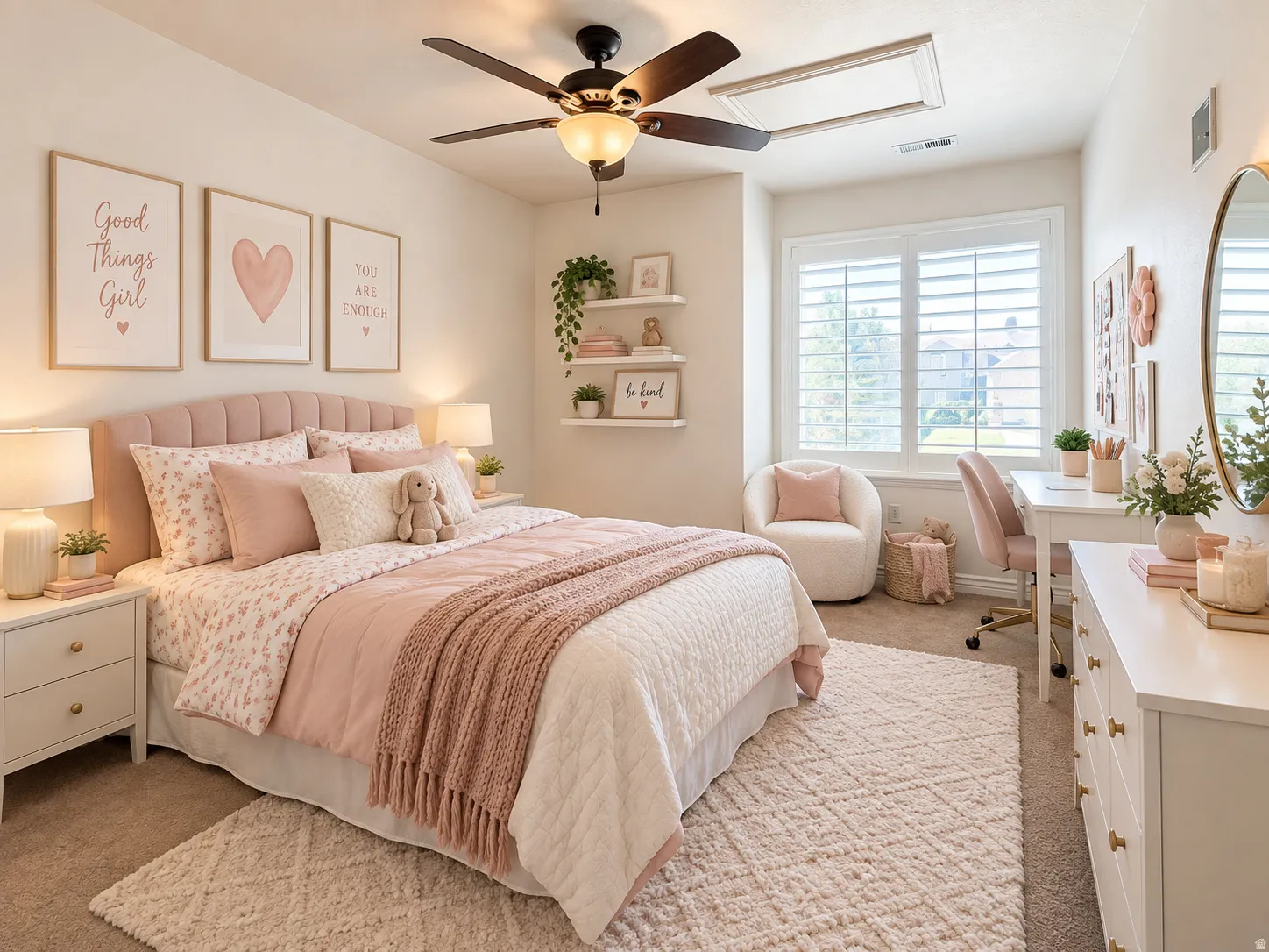 Recessed lighting, ceiling fan with light fixture, window with plantation shutters, built-in wall shelving, and carpet flooring