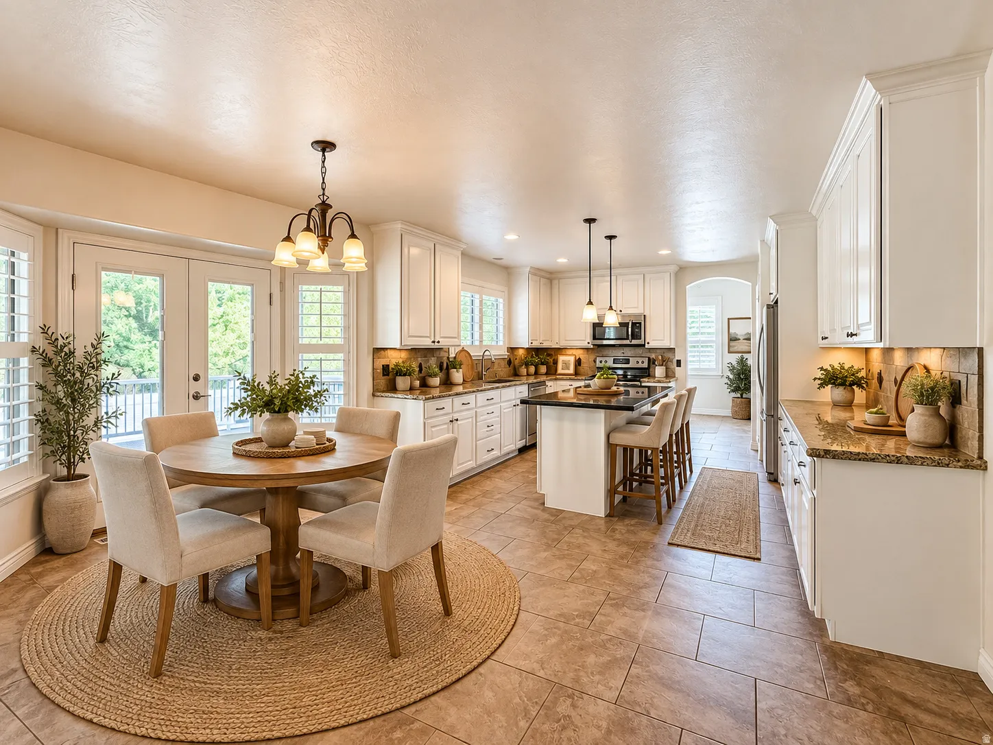 White cabinetry with crown molding, granite countertops, tile flooring, and a central island with bar seating