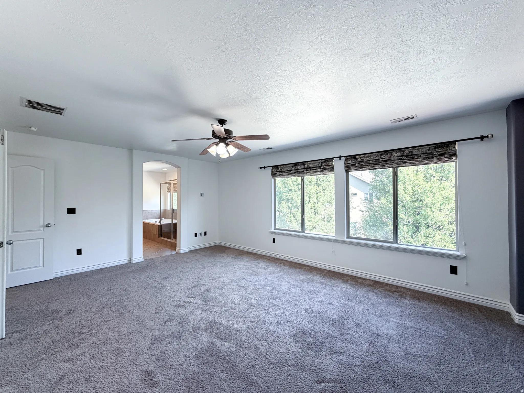 Primary suite Spacious carpeted room featuring a ceiling fan, two large windows with valances, and an arched entry to a bathroom with a built-in tub