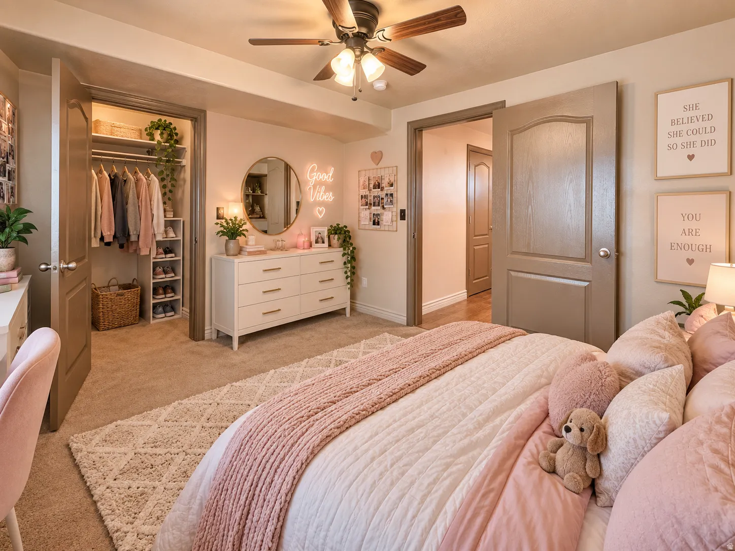 Carpeted flooring throughout, with a built-in closet featuring shelving and hanging rods