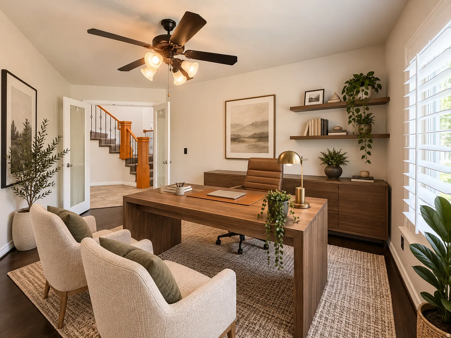 Dark wood-finish flooring, white plantation shutters, a ceiling fan with integrated lighting, and white French doors