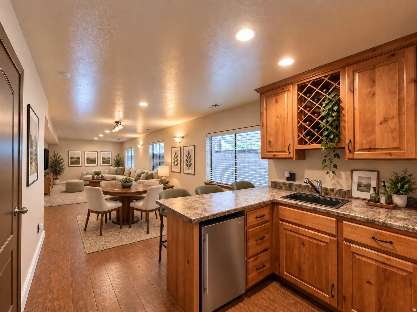 Wood-finish flooring, recessed lighting, and a built-in wet bar with a wine rack