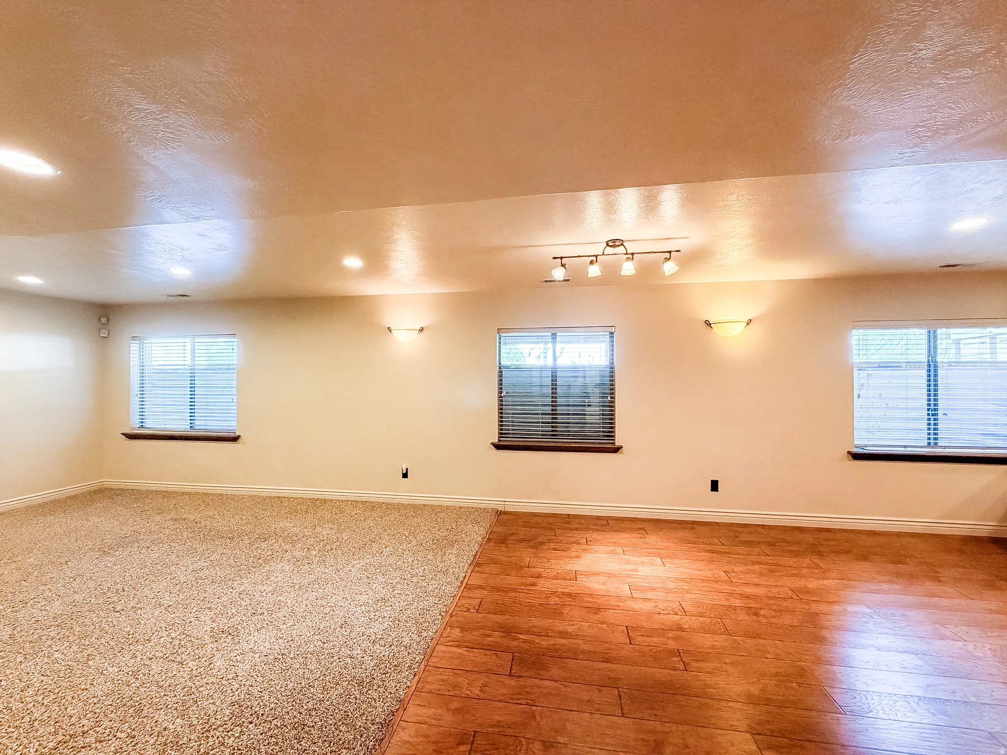 Recessed lighting, track lighting fixture, wall-mounted sconces, and dual flooring featuring carpeting and wood-finish tile