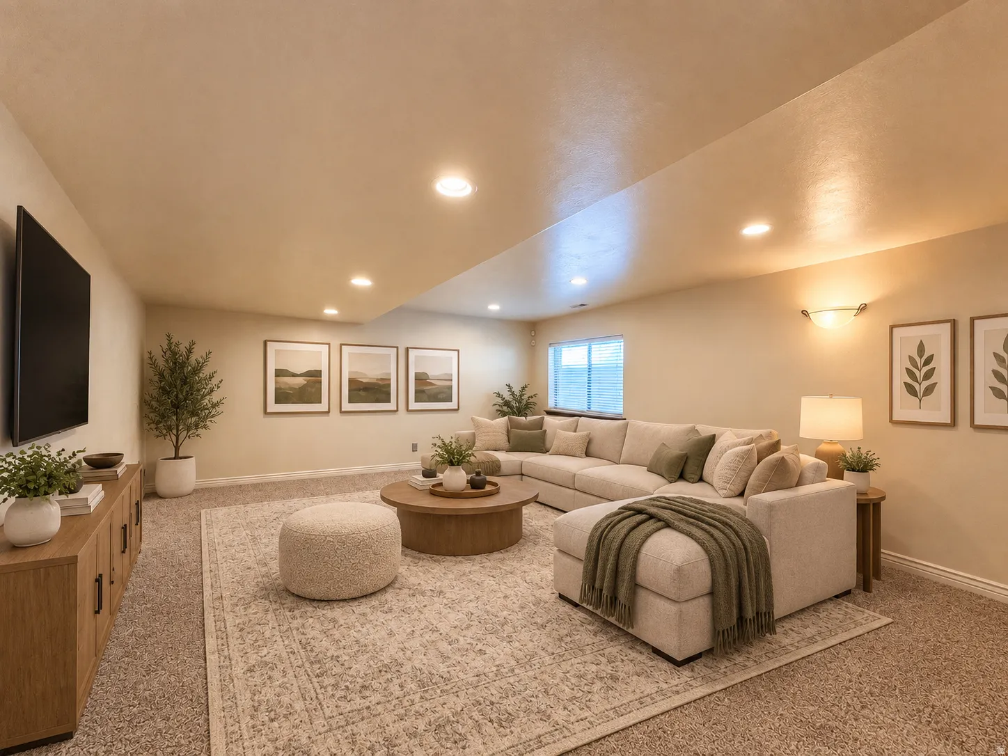 Recessed lighting illuminates the carpeted floor and light-toned walls