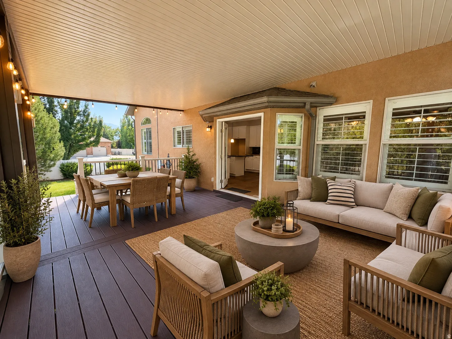 Covered patio featuring a slatted ceiling, dark wood-finish decking, and a bay window