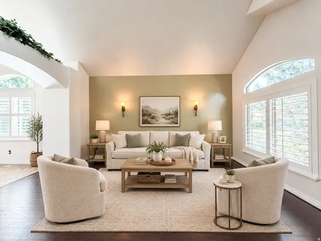 Vaulted ceiling, arched window, plantation shutters, wood-finish flooring, and built-in wall sconces