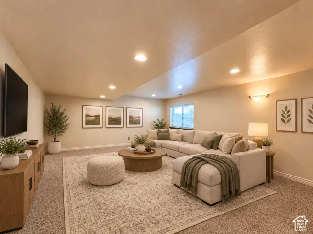 Recessed lighting illuminates the carpeted floor and light-toned walls