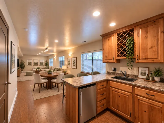 Wood-finish flooring, recessed lighting, and a built-in wet bar with a wine rack