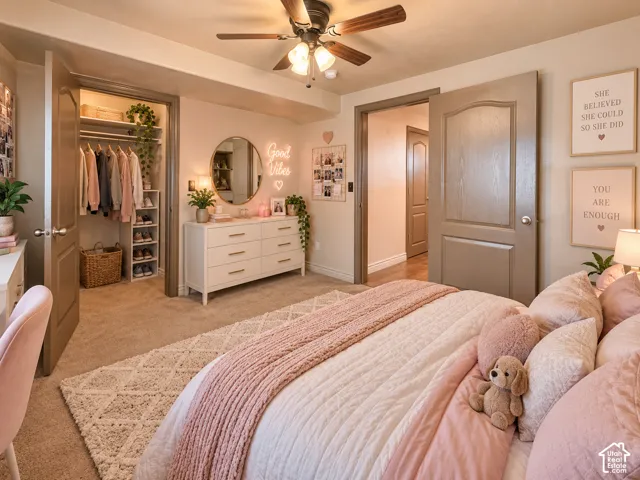 Carpeted flooring throughout, with a built-in closet featuring shelving and hanging rods