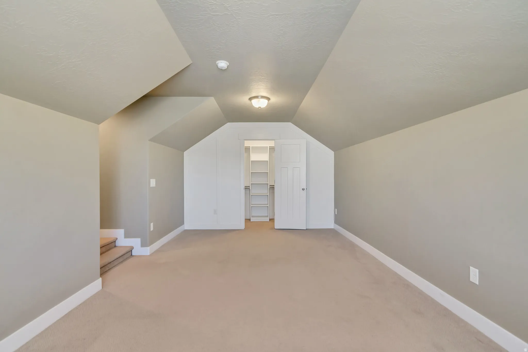 Carpeted attic space with sloped ceilings and recessed shelving behind a white door