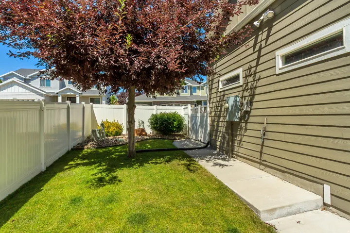 Manicured lawn area featuring a mature tree with red foliage, a concrete pathway, and a vinyl privacy fence
