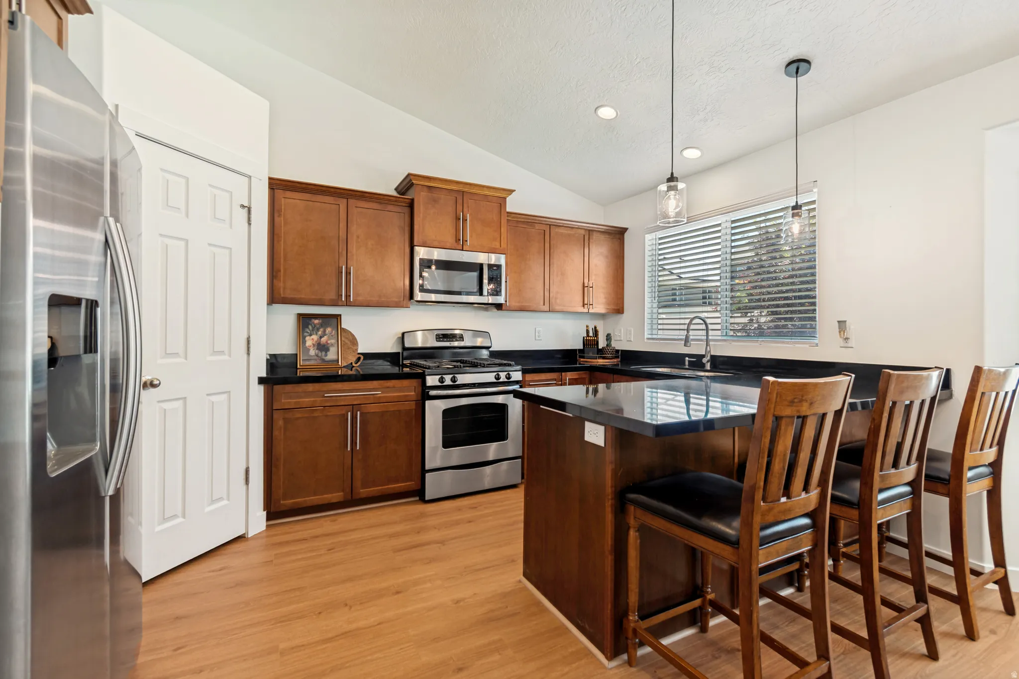 Kitchen featuring dark wood cabinetry, stainless steel appliances, black countertops, and wood-finish flooring