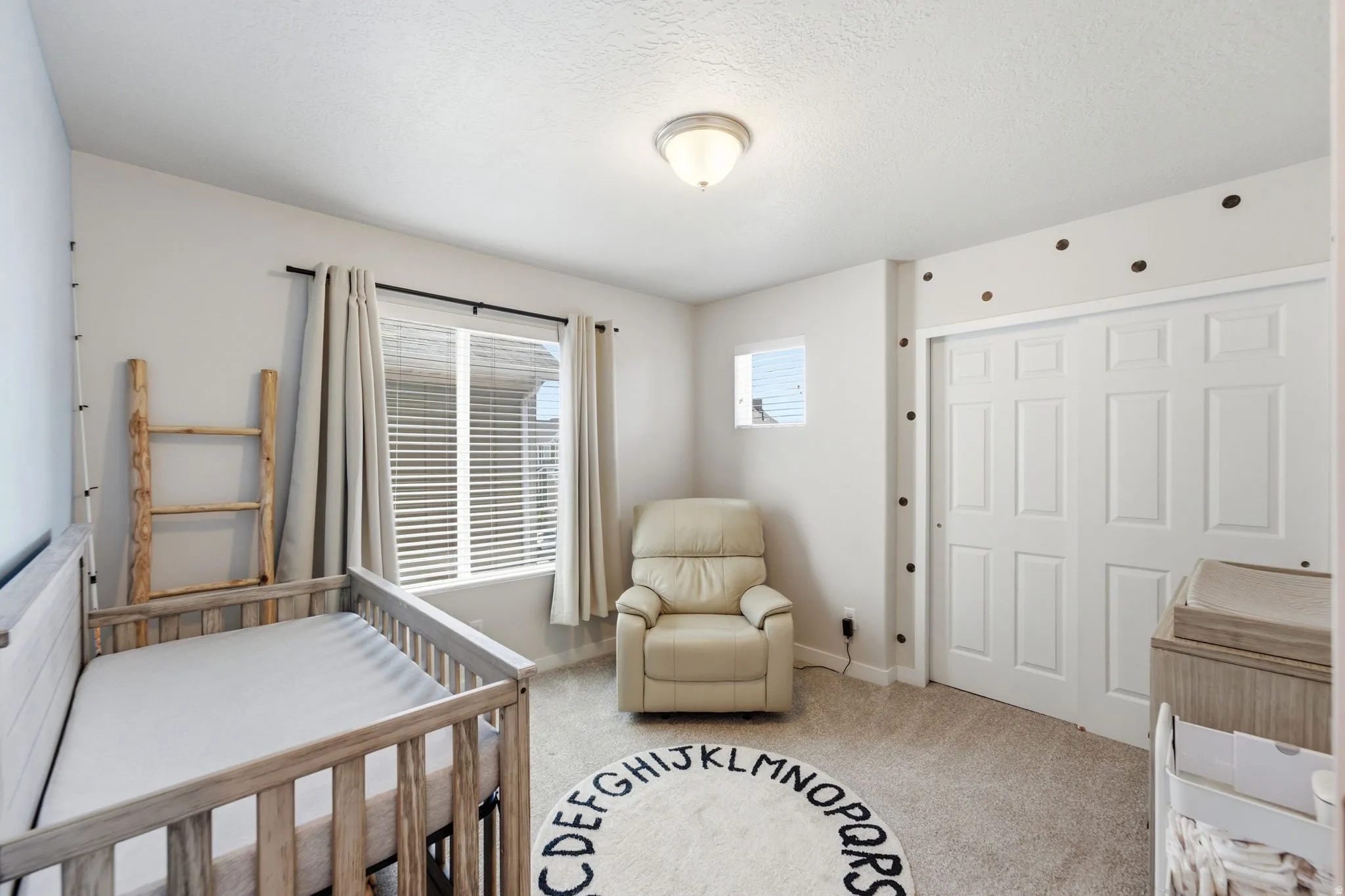 Bright room featuring light-colored walls and carpet flooring