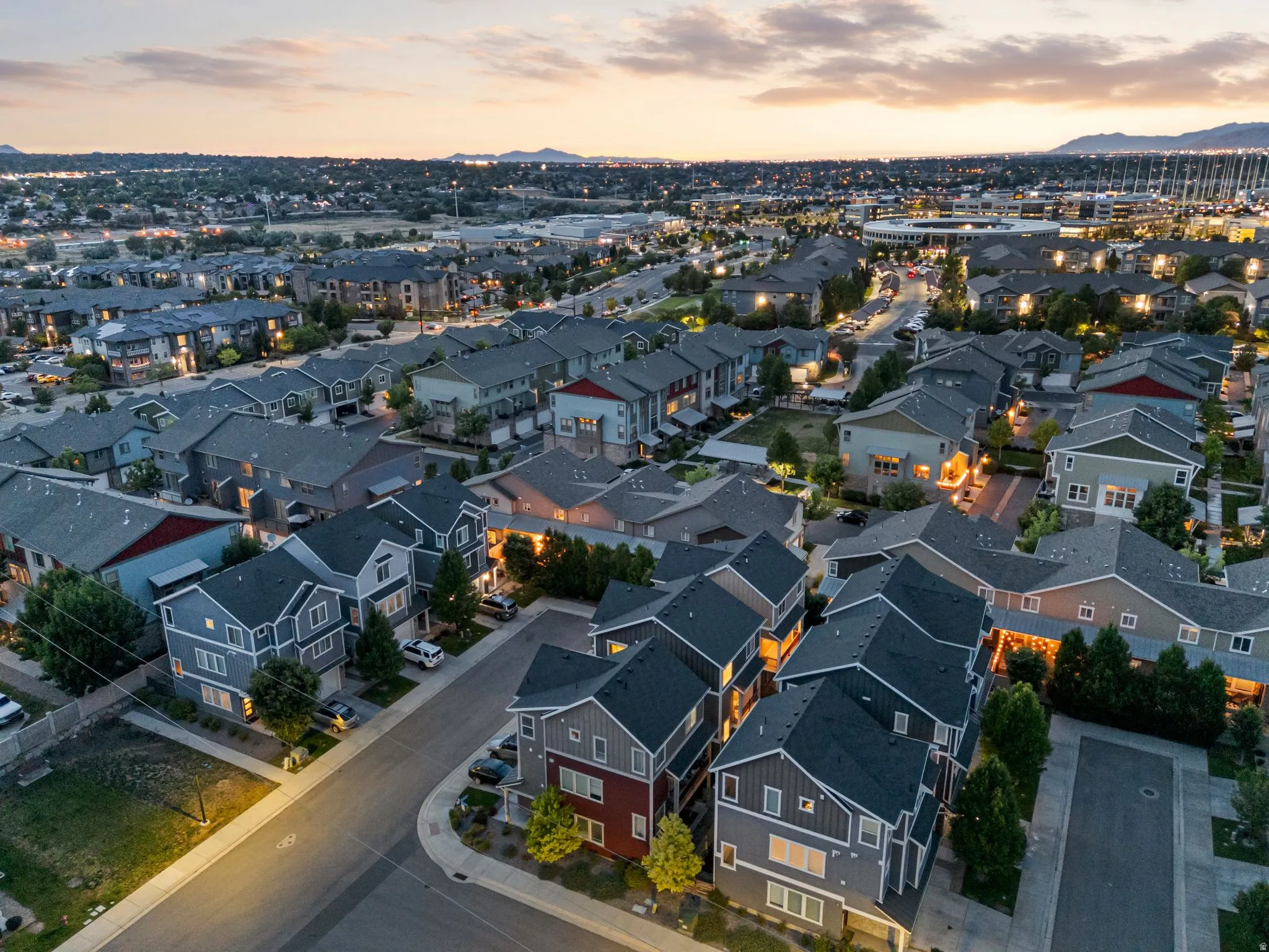 Aerial perspective showcasing a residential community with varied architectural styles