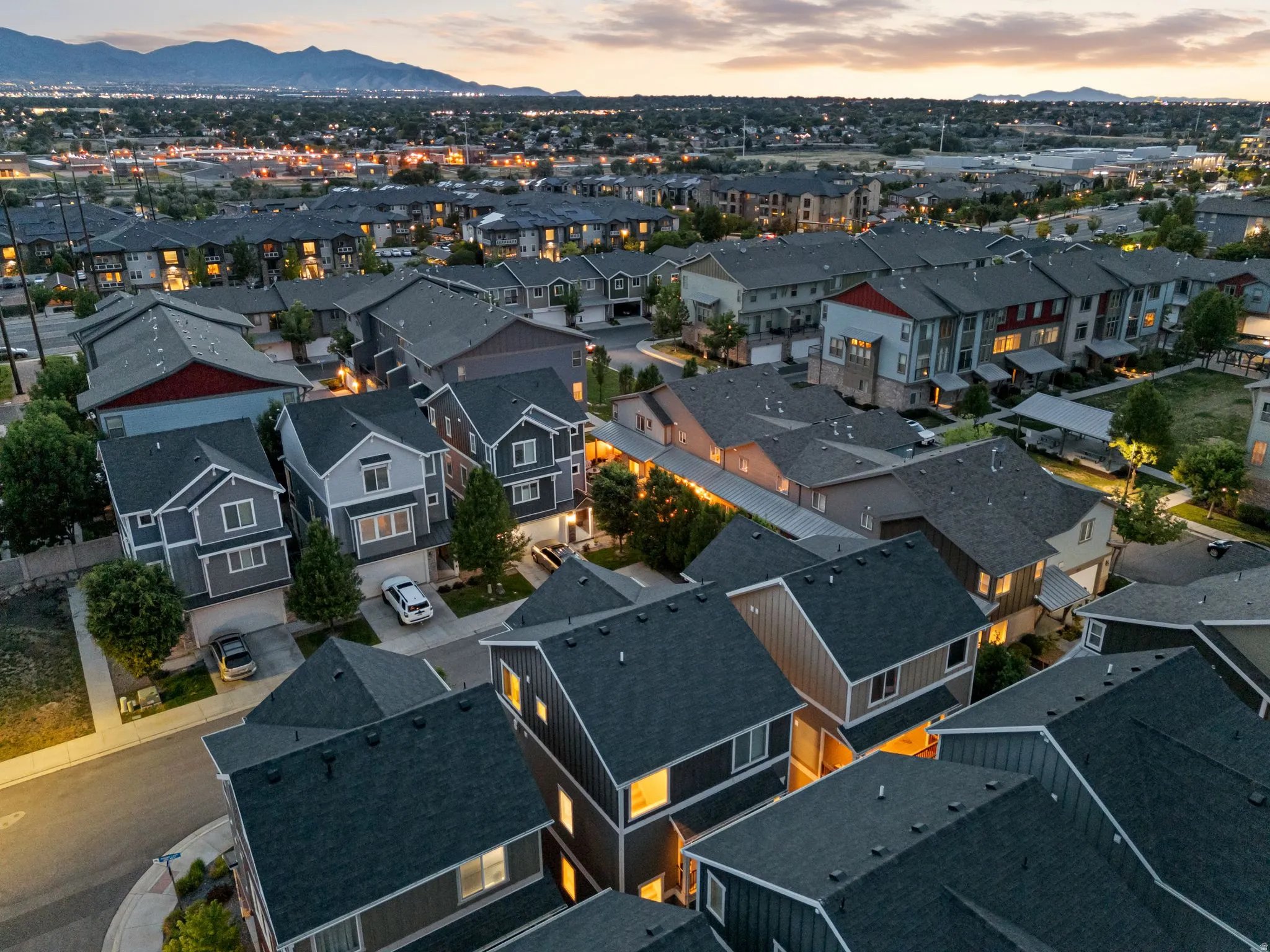 Aerial perspective showcasing a residential community with varied architectural styles