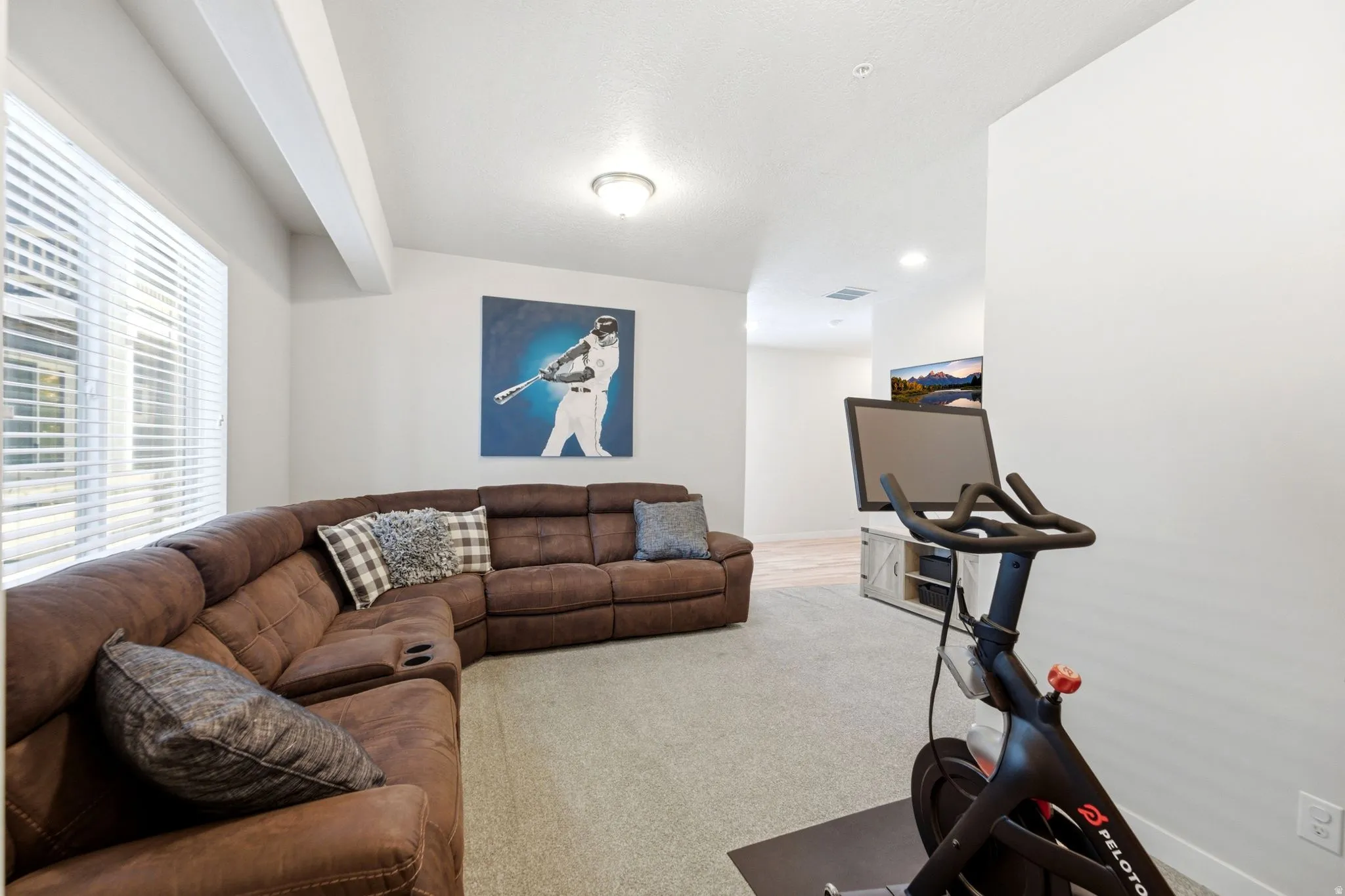 Carpeted room featuring a large window with horizontal blinds, overhead ceiling light, and white walls