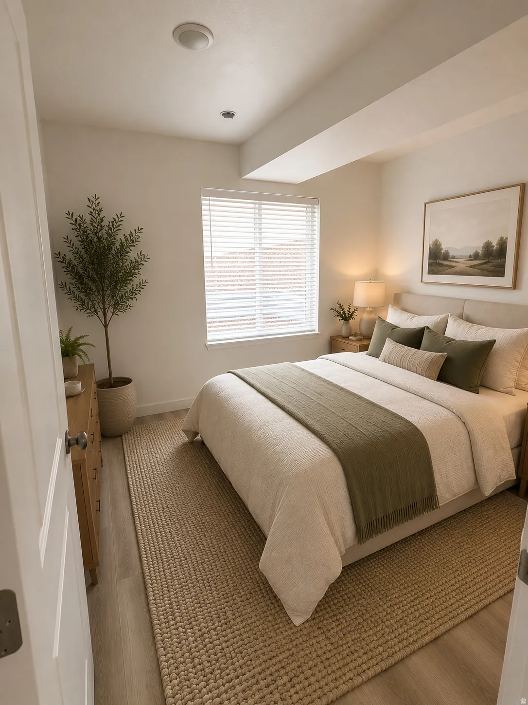 Bedroom featuring light wood-finish flooring, a window with horizontal blinds, and a built-in overhead light fixture