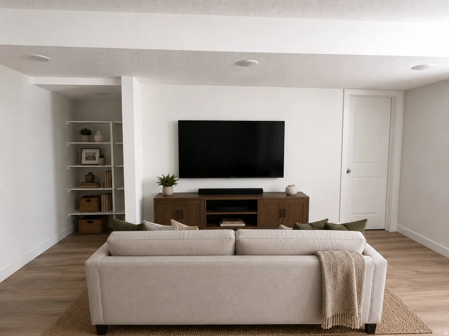Spacious living area featuring light wood-finish flooring, recessed ceiling lighting, and built-in shelving