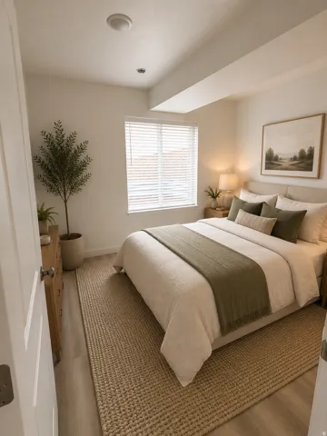 Bedroom featuring light wood-finish flooring, a window with horizontal blinds, and a built-in overhead light fixture