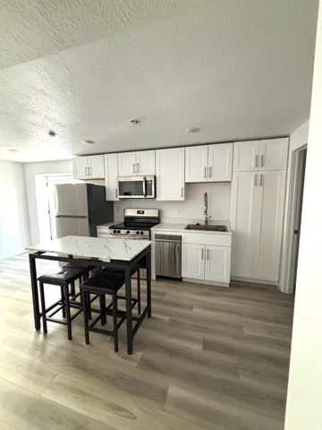 Contemporary kitchen featuring white cabinetry, stainless steel appliances, wood-finish flooring, and a stone-finish countertop
