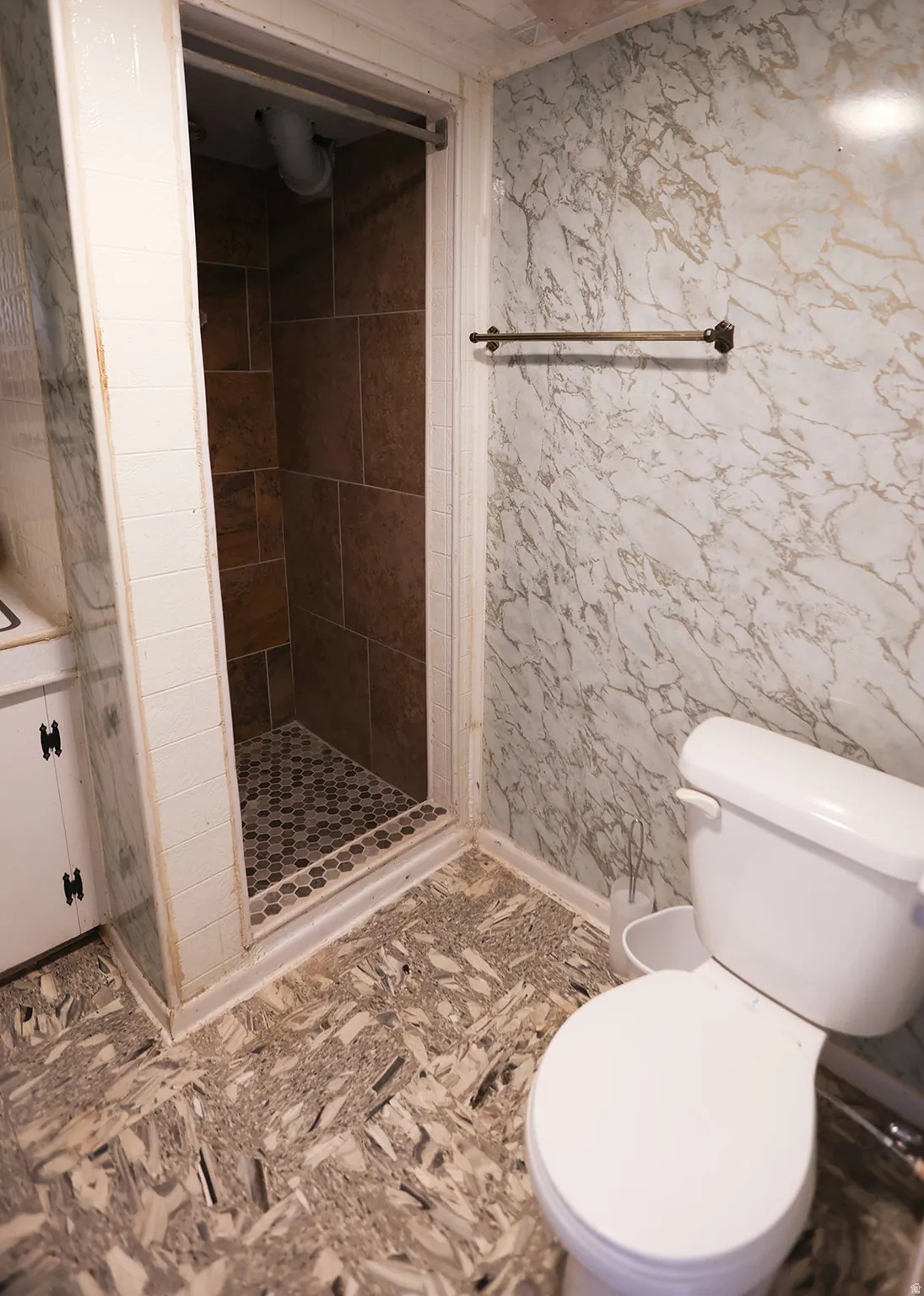 Shower with brown tile walls and mosaic floor, complemented by a white toilet and patterned flooring