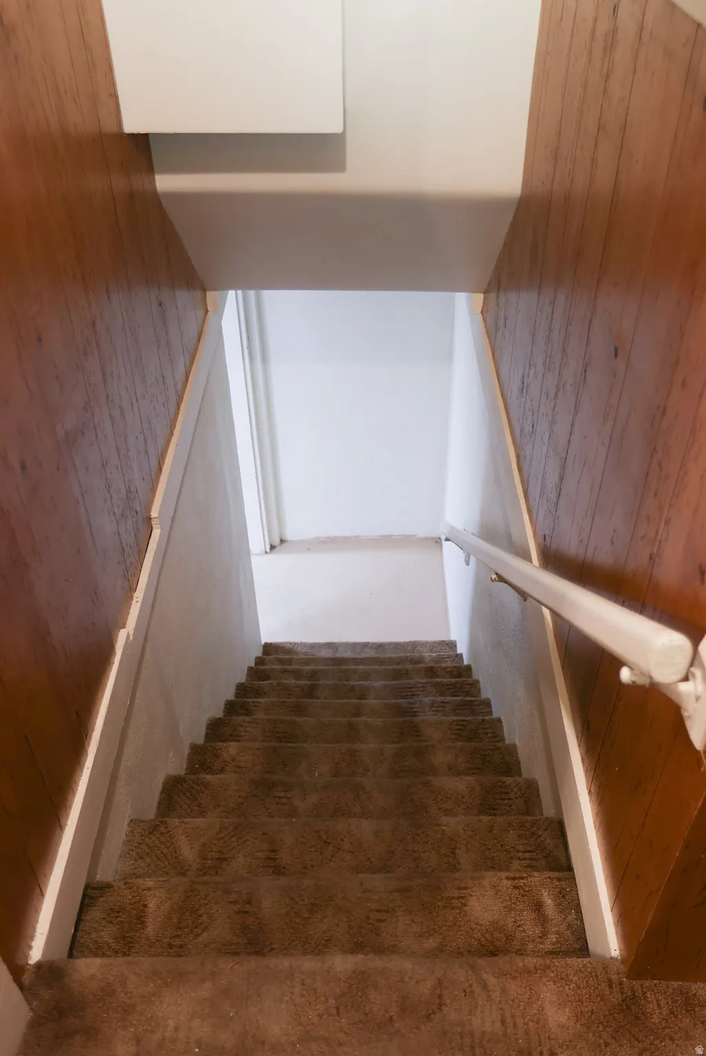 Carpeted staircase with wood-paneled walls and a white handrail