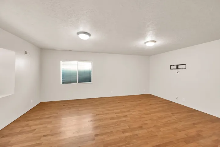 Spacious room featuring wood-finish flooring, white walls, and two flush-mount ceiling lights