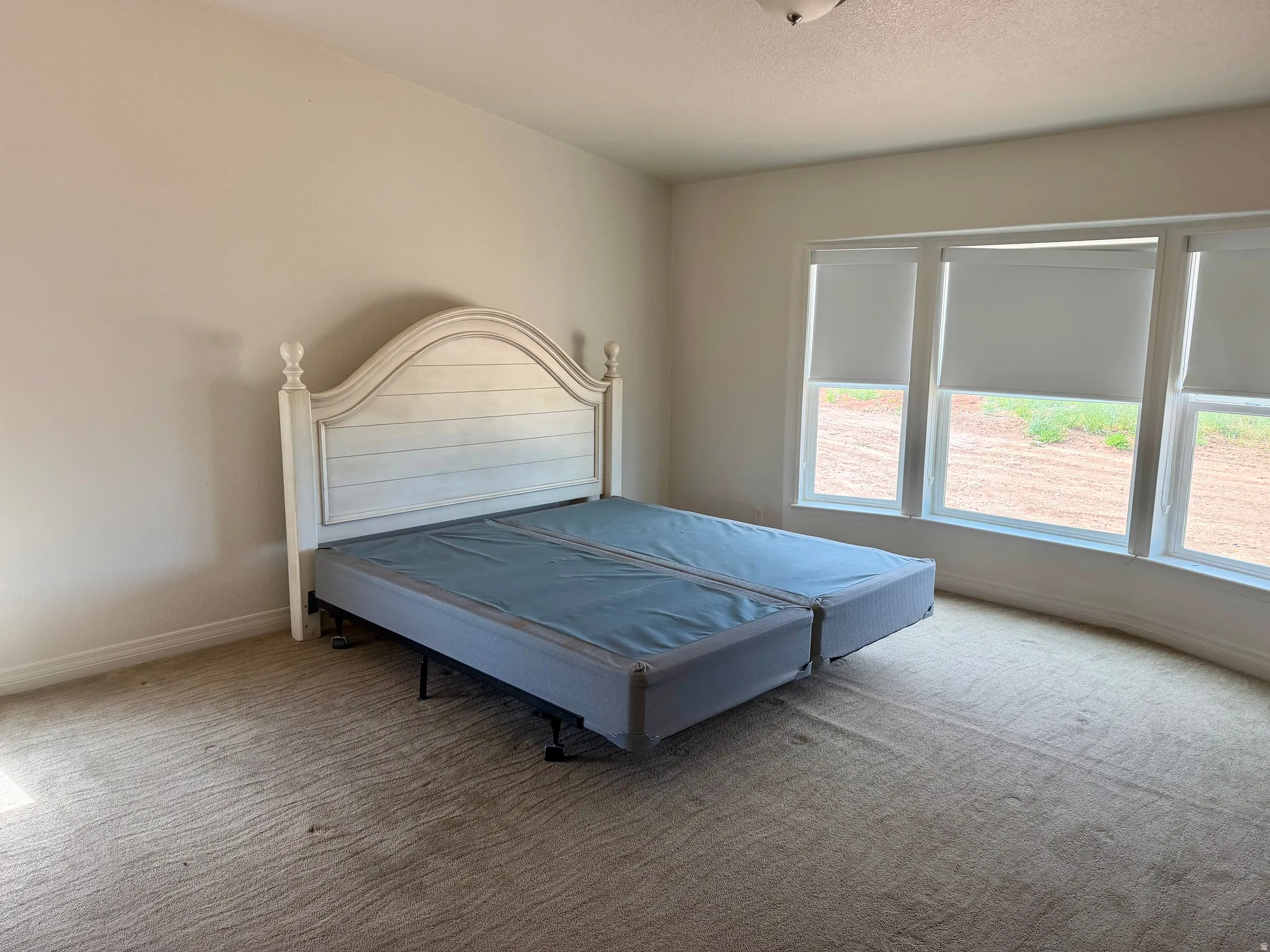 Bright room featuring light-colored carpet, white walls, and a multi-pane window with roller shades