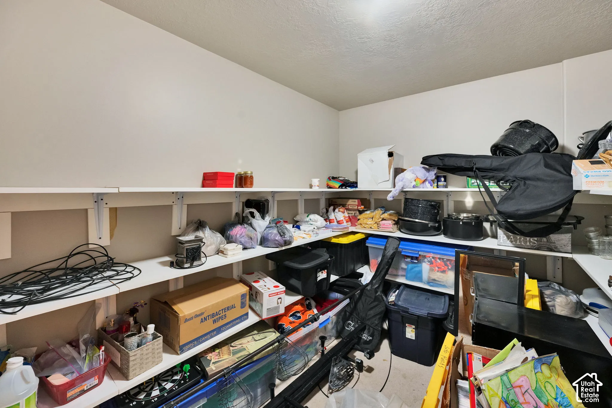 Corner storage room featuring extensive built-in shelving