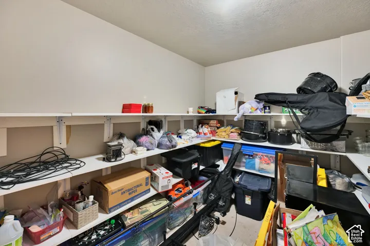 Corner storage room featuring extensive built-in shelving