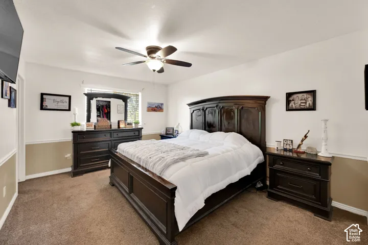 Carpeted bedroom featuring a ceiling fan with integrated lighting, a window with horizontal blinds, and two-tone wall finishes