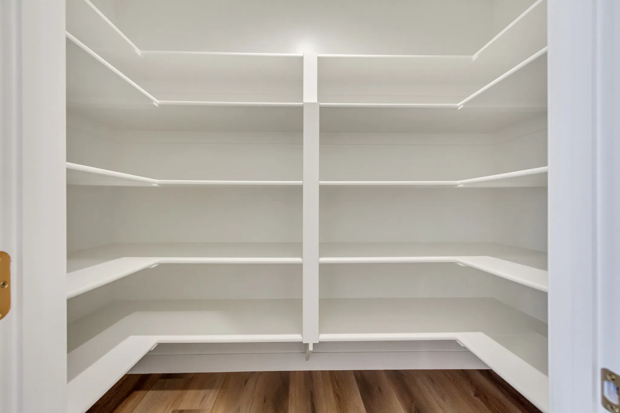 Walk-in pantry featuring white shelving and wood-finish flooring