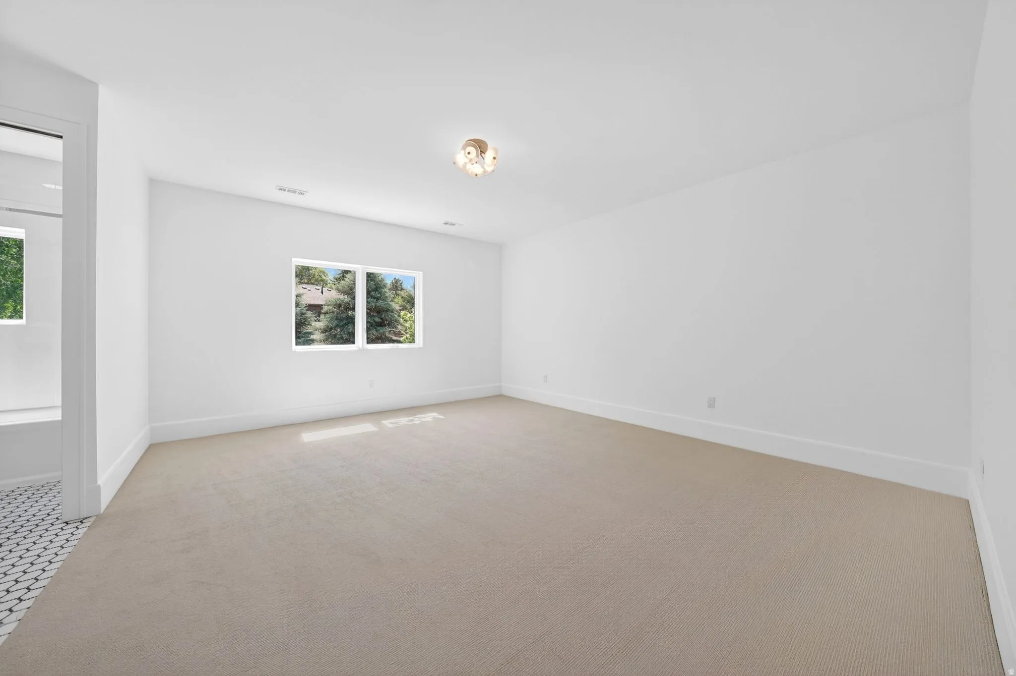 Spacious room featuring neutral carpeting, white walls, and a contemporary ceiling light fixture