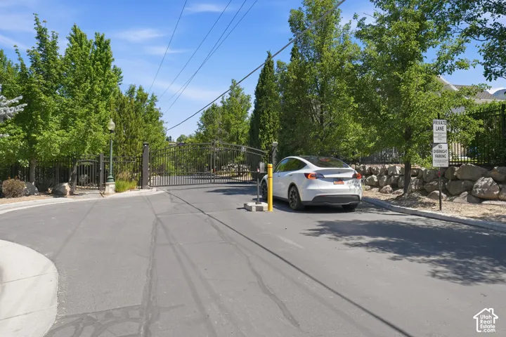 Wrought iron private entrance gate with stone retaining wall, mature trees, and paved roadway