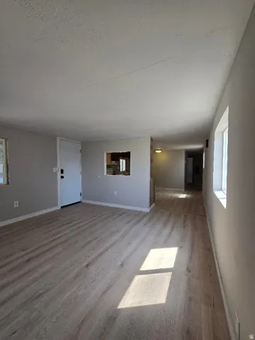 Spacious living area featuring light wood-finish flooring, neutral wall tones, and multiple windows