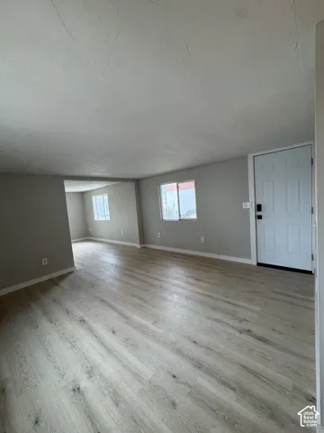 Neutral wall tones, wood-finish flooring, and white paneled entry door